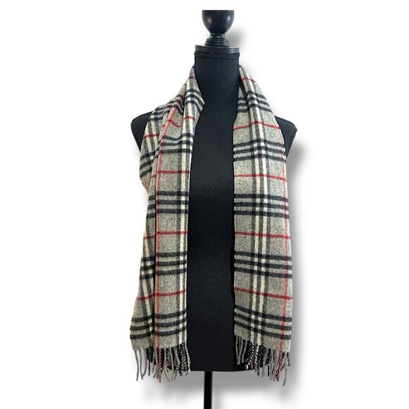 BURBERRYS OF LONDON 100% Lambswool Plaid Gray, Red, Black, Ivory Scarf 12x56” - Picture 3 of 16